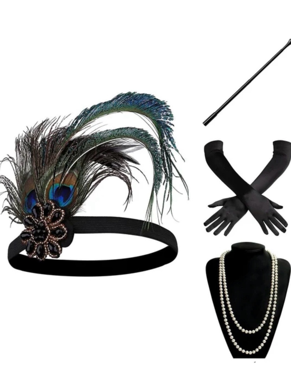 Black Peacock Feather Headband with Pearl Necklace and Satin Gloves